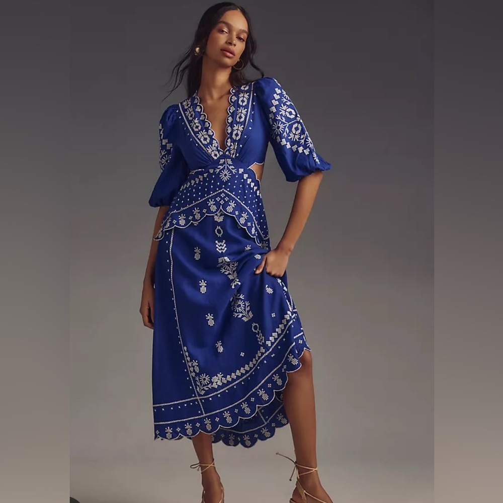 Anthropologie Farm Rio Navy Blue Embroidered Cut Out Midi Dress